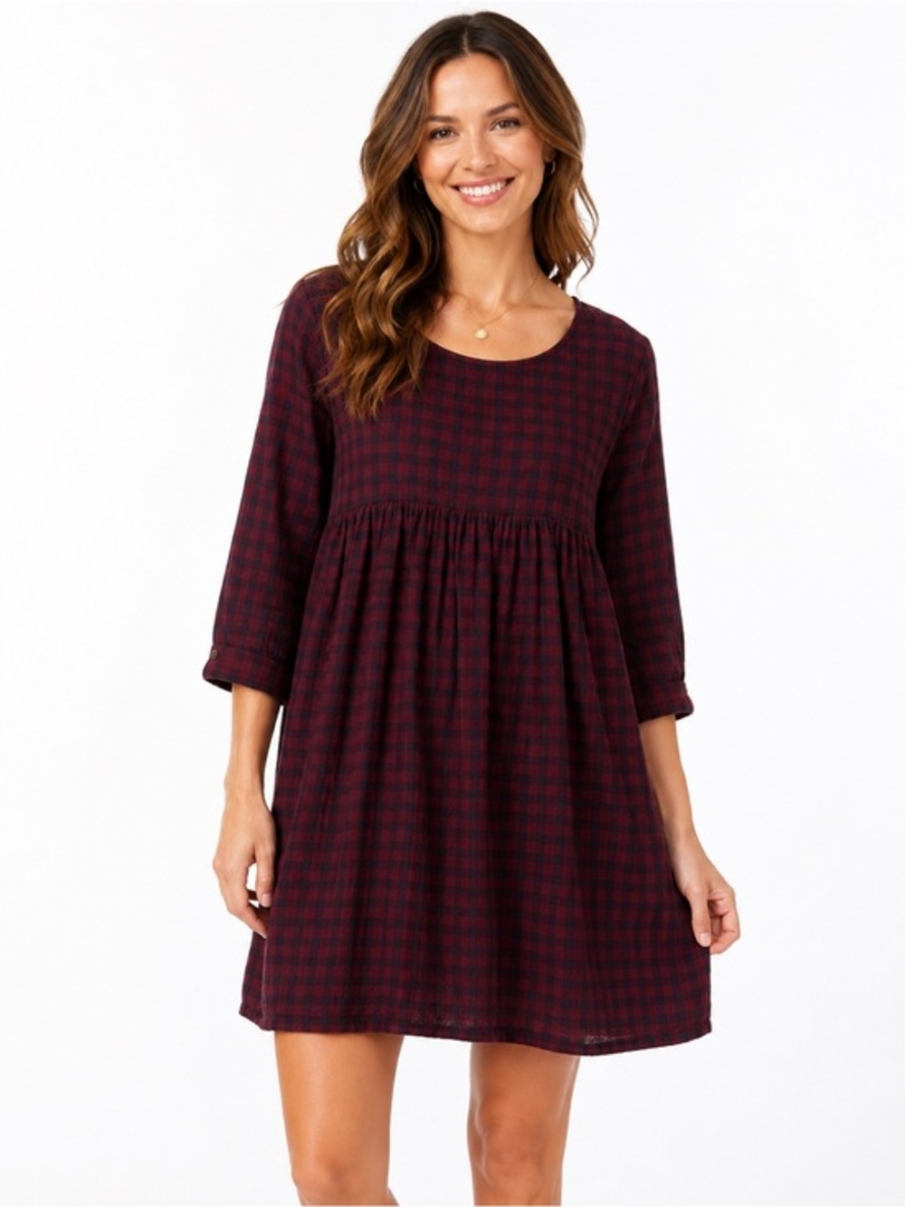 Natural Life Burgundy Buffalo Plaid Cotton Gauze Babydoll Dress Large